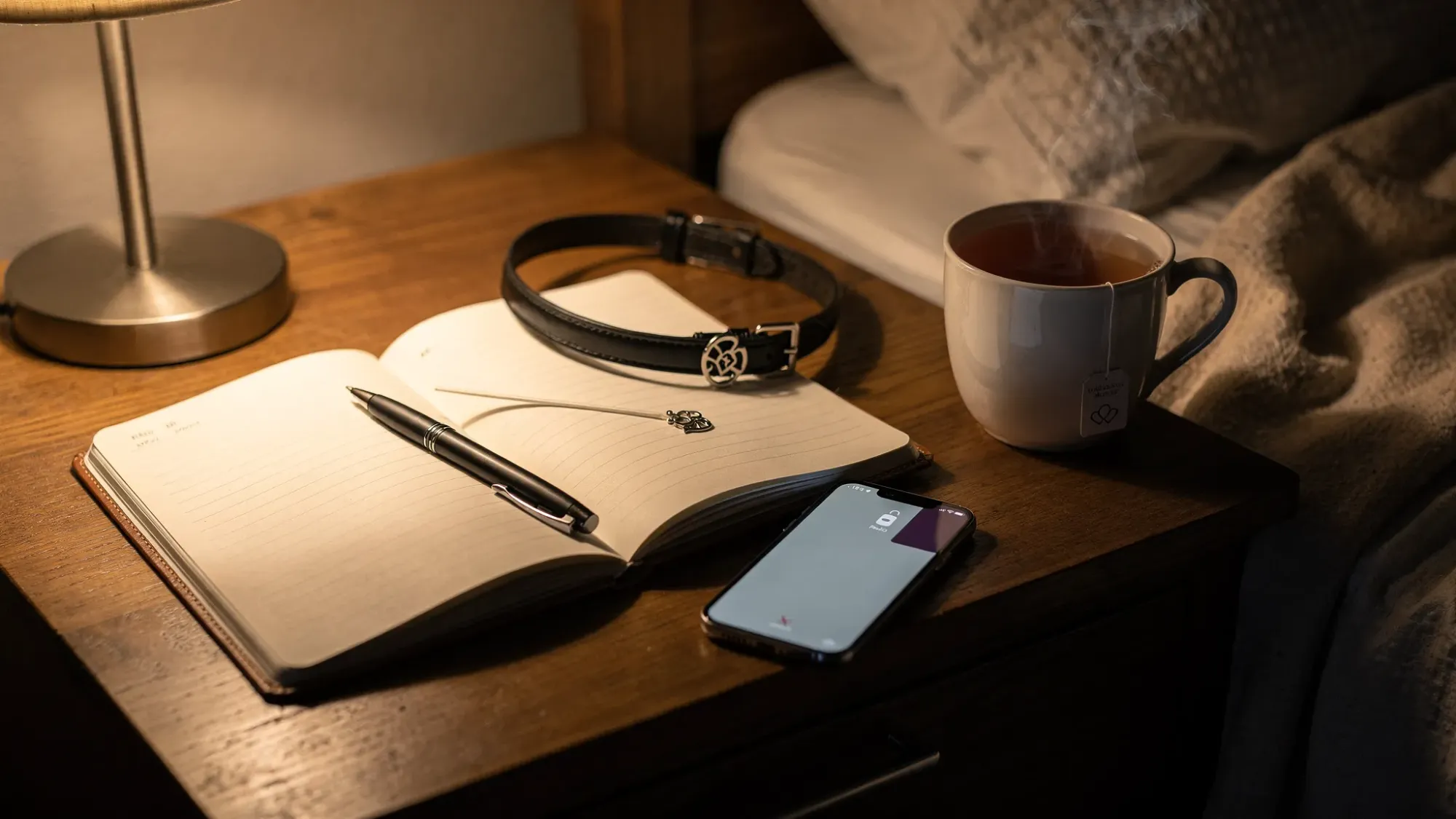 A cozy, private setting with a notebook, a phone, a collar or symbolic token, and a cup of tea on a bedside table, suggesting a nightly D/s check-in ritual and calm connection.