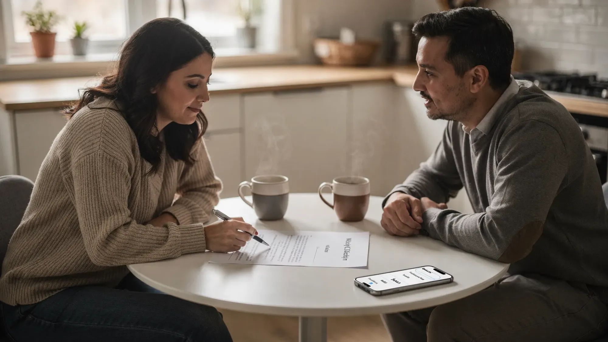 A calm, intimate scene of two partners seated at a table with coffee, discussing a written agreement and a phone app open to a shared check-in page; the mood is respectful and collaborative.