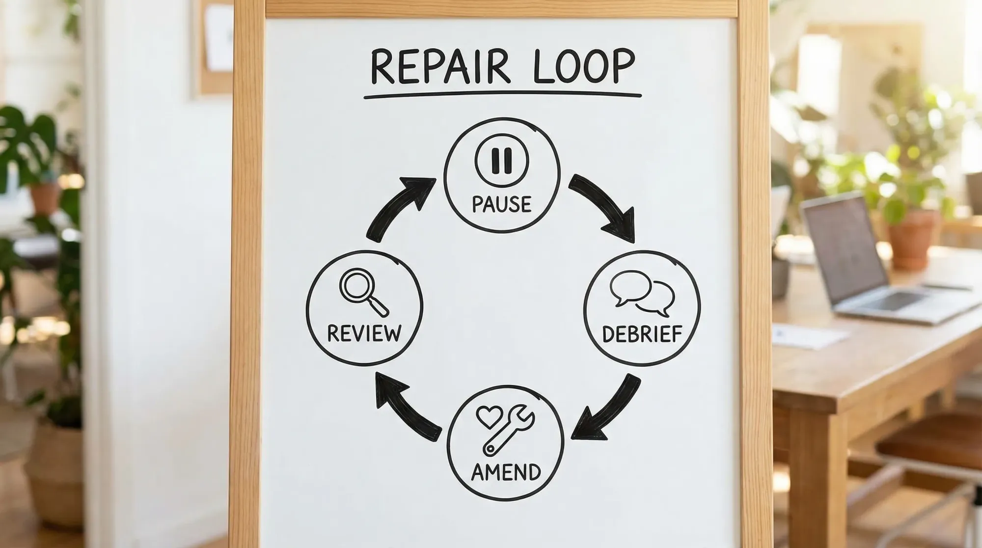A simple four-step diagram labeled “Repair Loop” with four connected steps in a circle: Pause, Debrief, Amend, Review. The style is clean and minimal, designed for a relationship education blog.