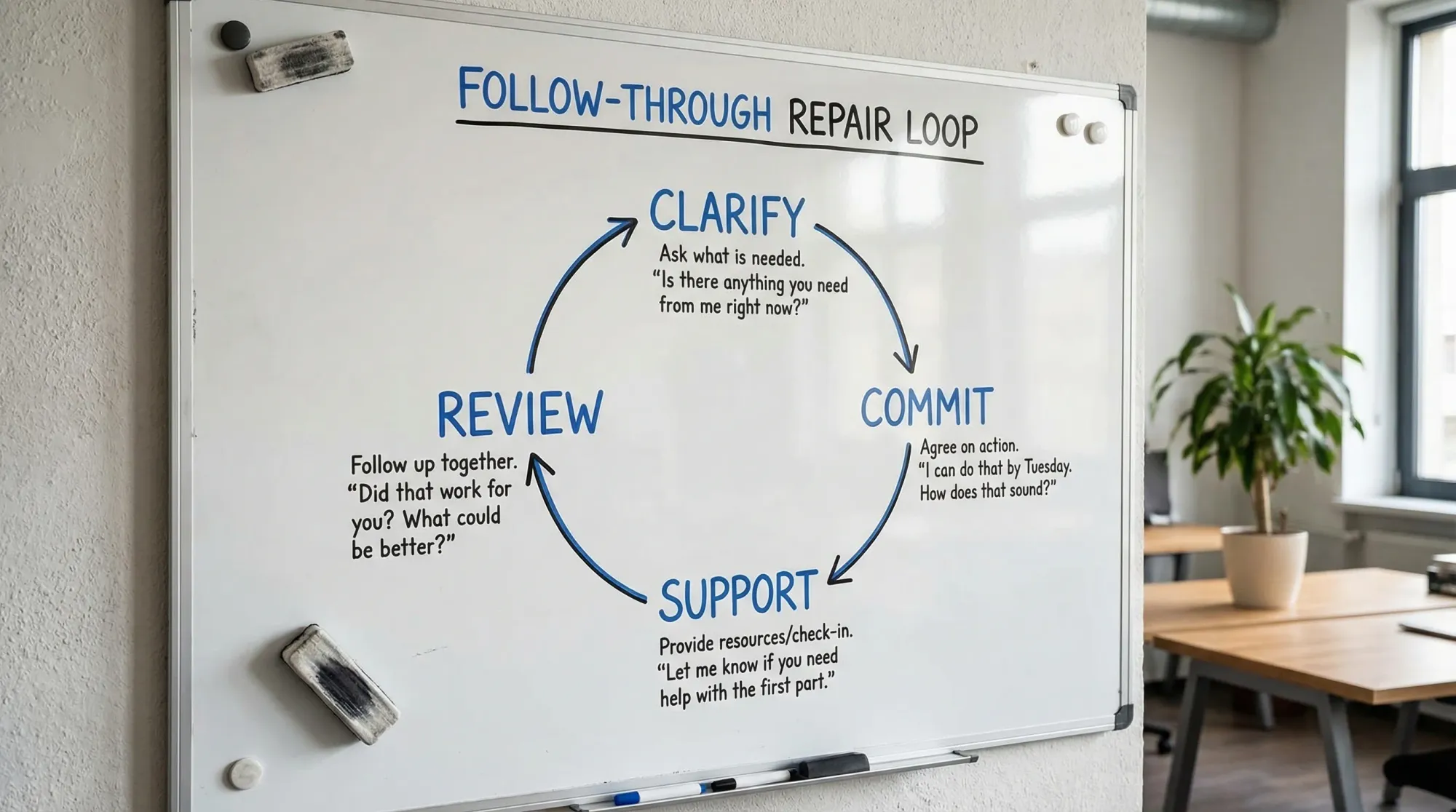 A simple diagram showing a “Follow-Through Repair Loop” with four steps in a circle: Clarify, Commit, Support, Review. Each step has a short example note underneath, using neutral, consent-first language.
