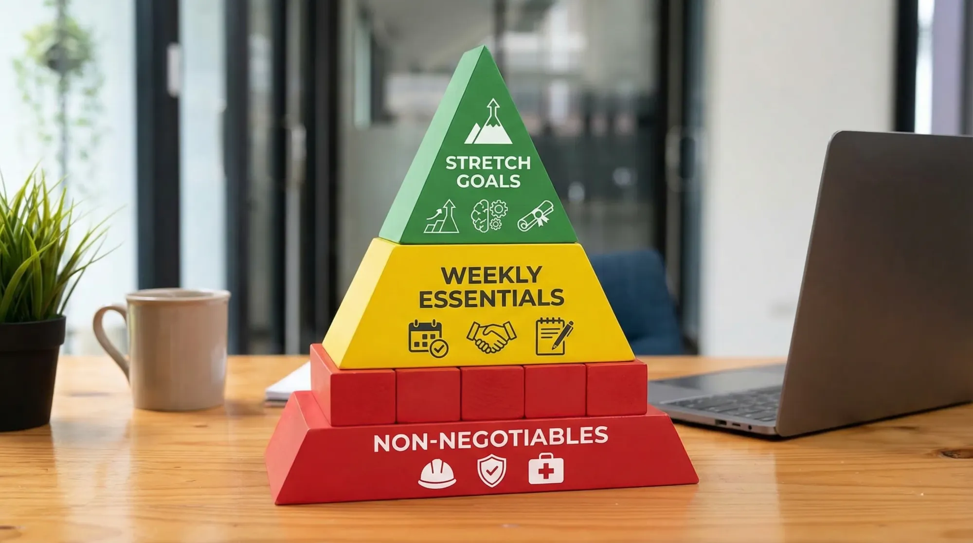 A simple three-layer pyramid labeled Non-negotiables, Weekly essentials, and Stretch goals, with small example icons for safety, check-in, and optional training.