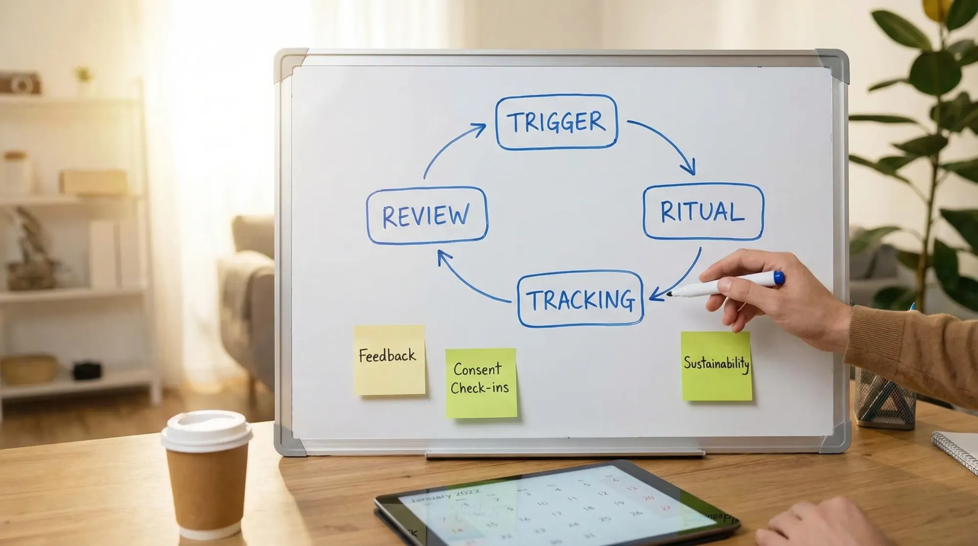 A simple conceptual diagram with four labeled boxes connected in a loop: Trigger, Ritual, Tracking, Review, showing how a D/s ritual becomes sustainable through feedback and consent check-ins.